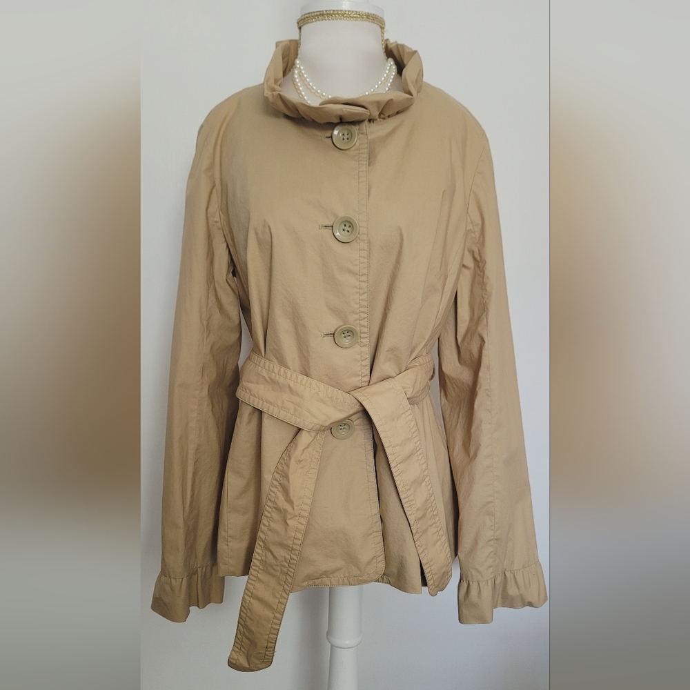 J. Crew Beige /Khaki Tan Ruffled Collar and Cuffs Belted Jacket